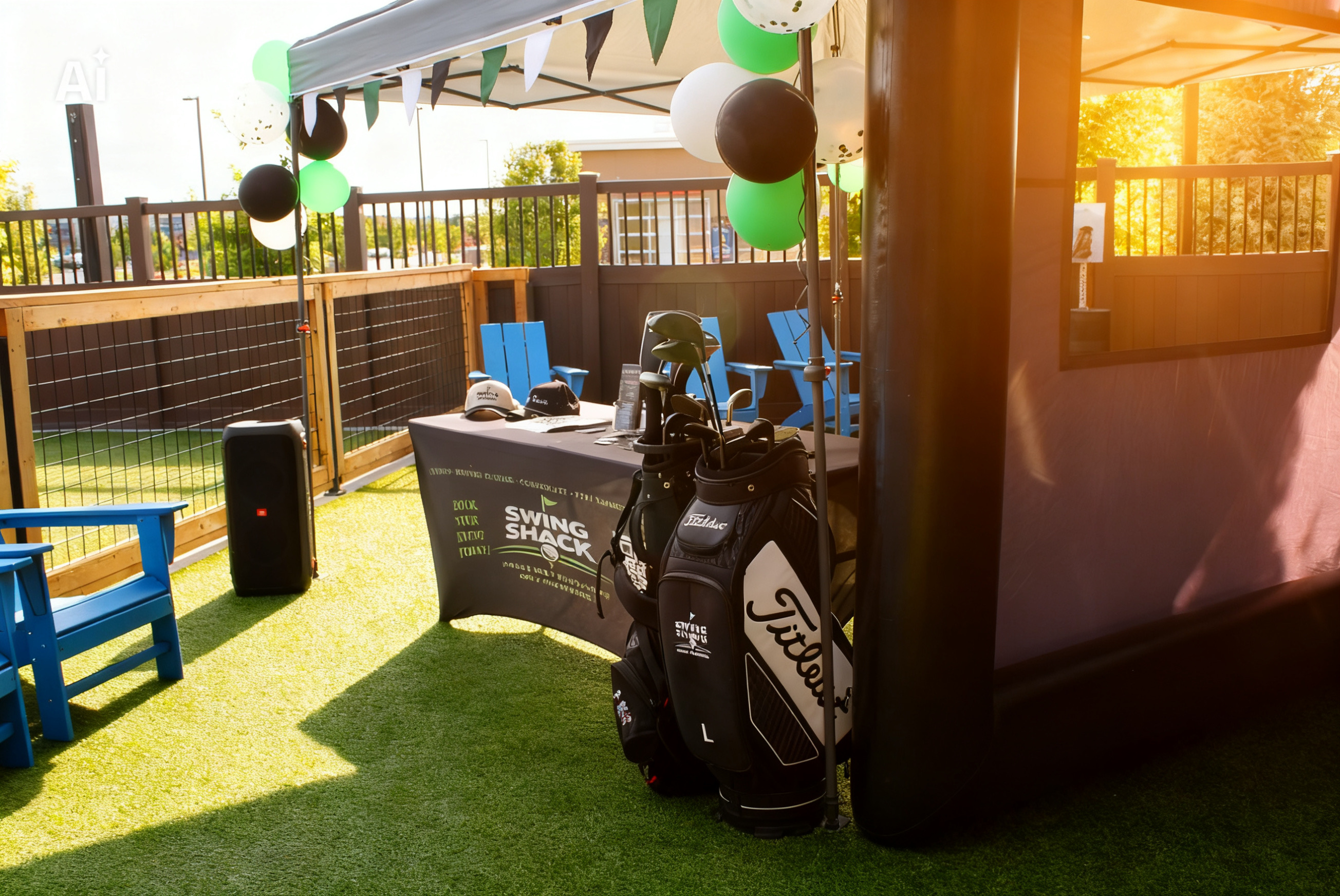 Swing Shack branded setup with club bags at an event